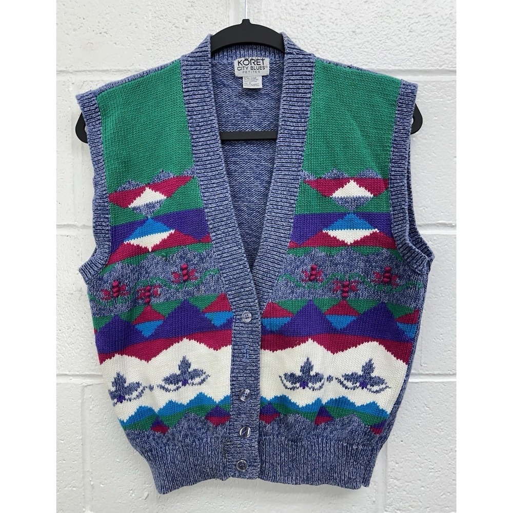 Koret City Blues Vest Blue Vintage 80s Geometric Knit / Women's Small